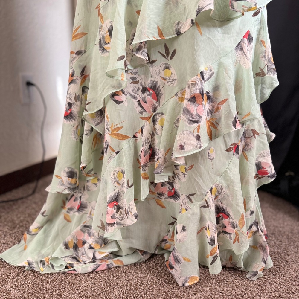 Lauren Ralph Lauren Floral Crinkled Georgette Gown Sage Green One Shoulder 18 - Picture 6 of 8